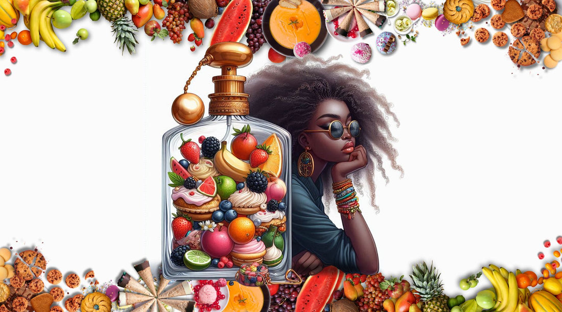 gourmand perfume trends in 2025 girl leaning on a bottle of perfume filled with fruit and desserts