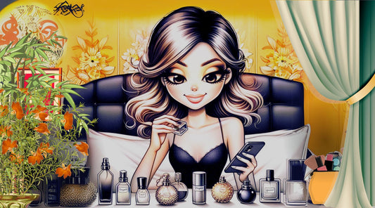 Cartoon illustration of a girl choosing which perfume to wear in morning