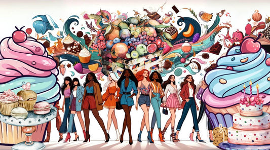 Stylish women surrounded by cup cakes desserts and swirls of colourful fumes