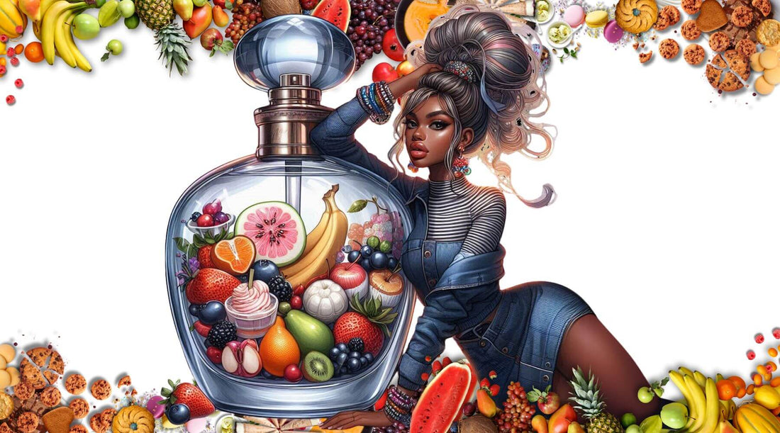 gourmand perfume trends in 2024 girl leaning on a bottle of perfume filled with fruit and desserts