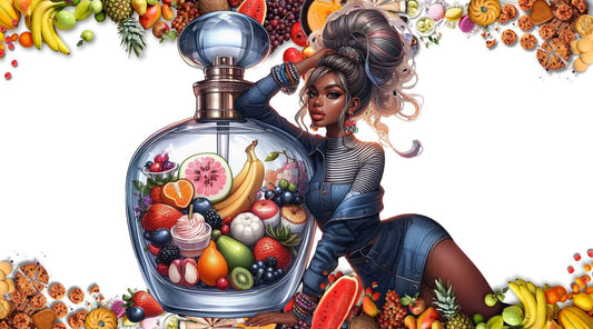 gourmand perfume trends in 2024 girl leaning on a bottle of perfume filled with fruit and desserts