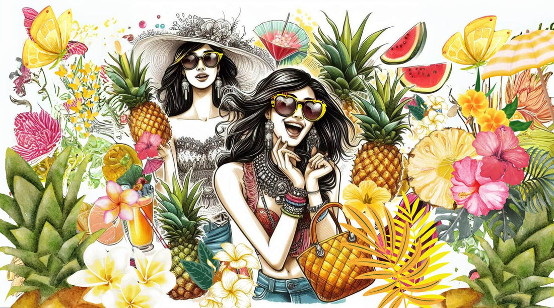 girls walking among pineapples and tropical flowers