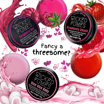 Fancy a threesome? 3 red and pink perfumes from Wicked Fumes pictured - Strawbooty Smack, Raspberry Rizz, Vice Vice Baby