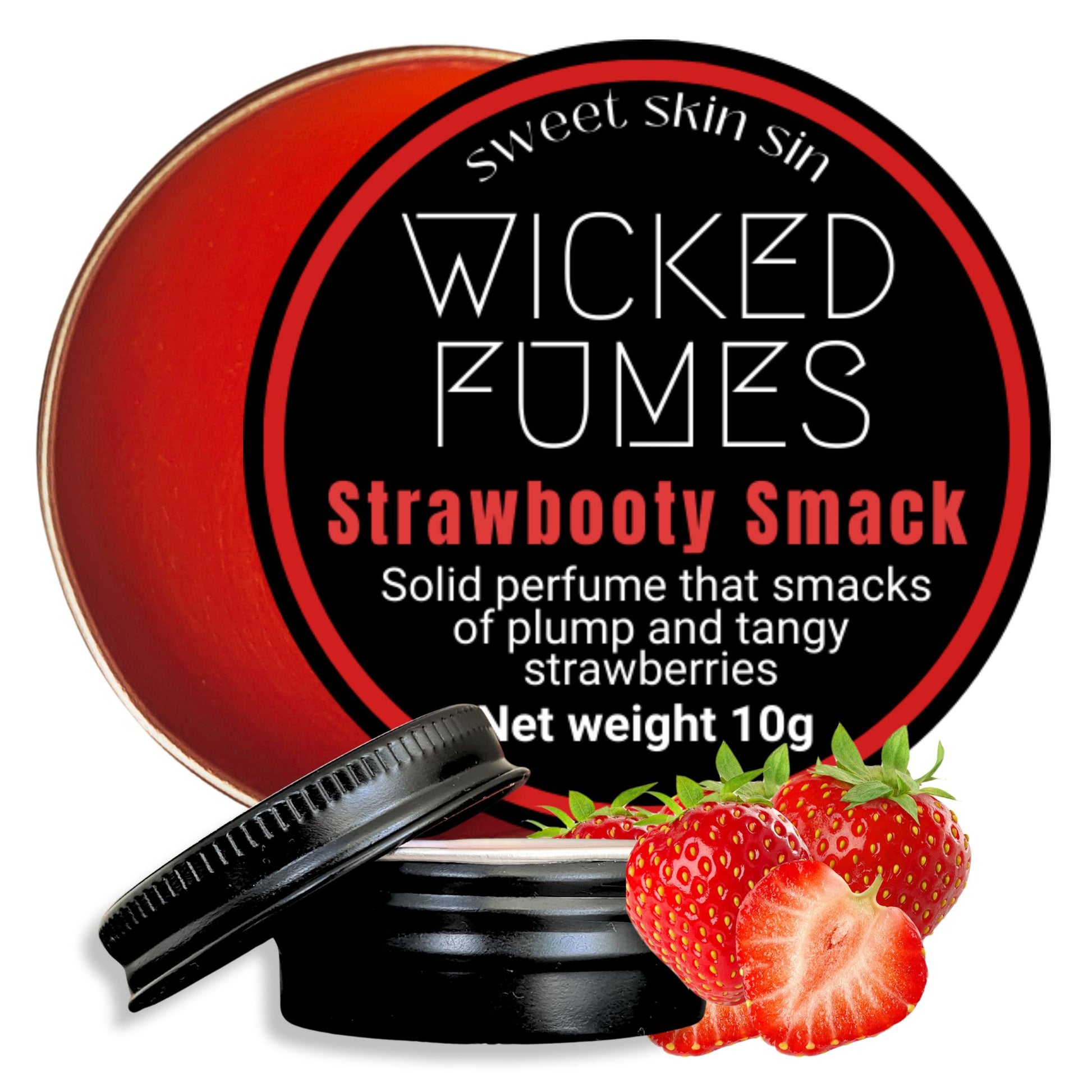 strawbooty smack strawberry scented gourmand solid perfume displayed on white background