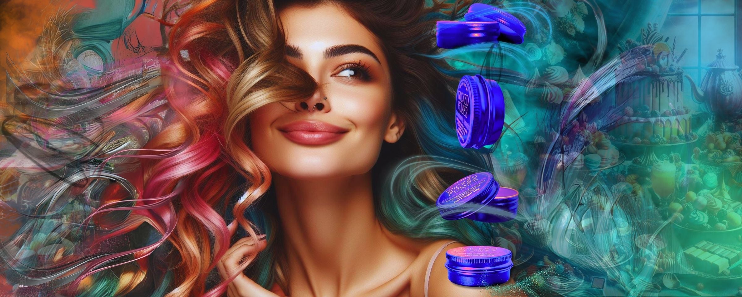 Woman with colourful hair smiling at collection of solid perfumes against background of swirling smoke and desserts and treats