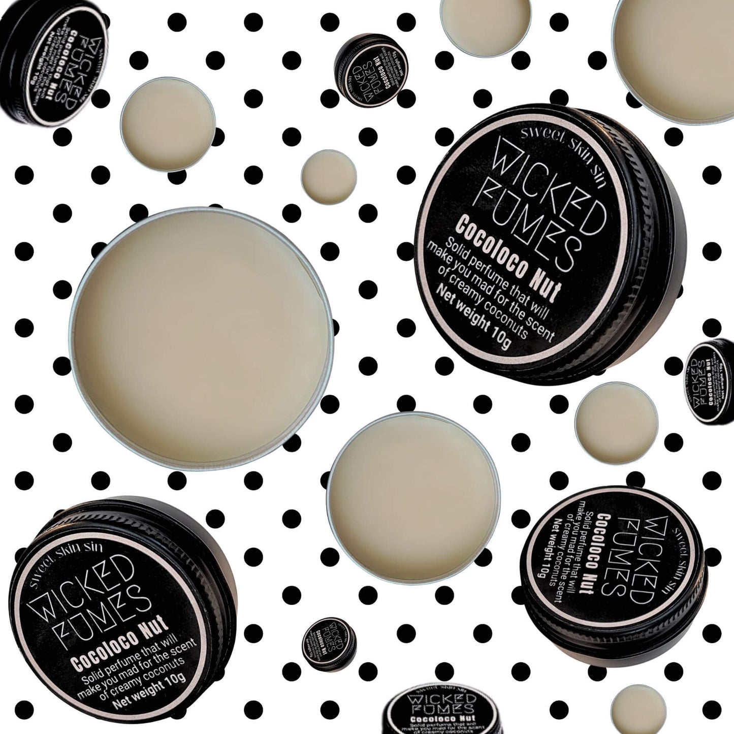 cocoloco nut tins of perfume floating in air against a backdrop of black polka dots