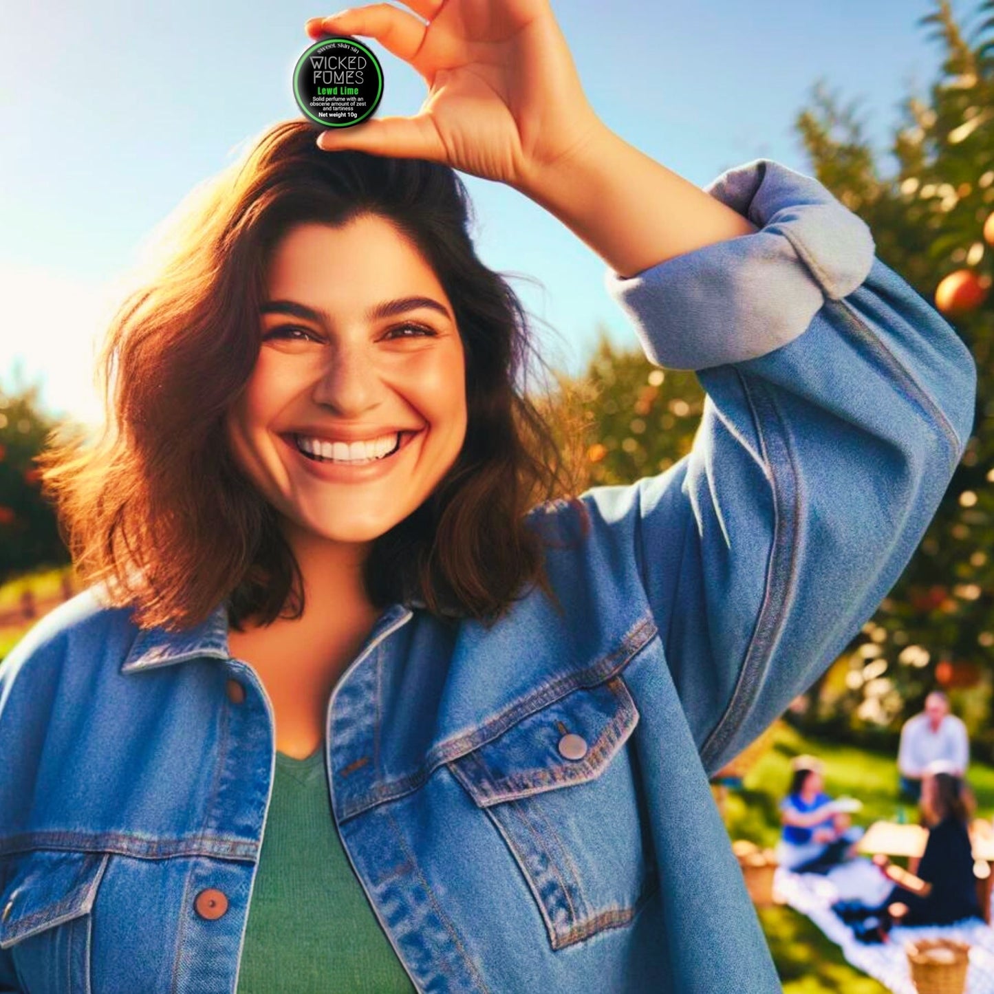 girl holding lewd lime solid perfume above her head at a picnic