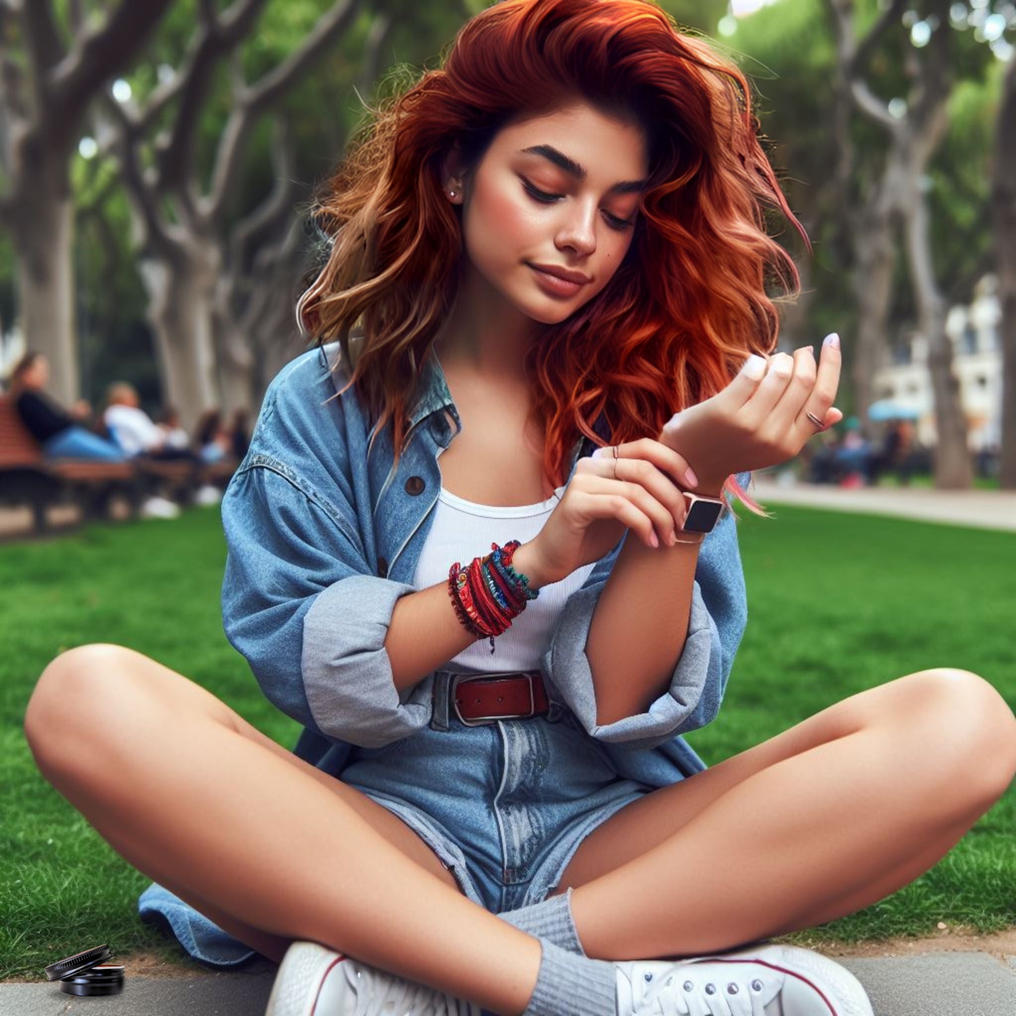 girl in park applying solid perfume