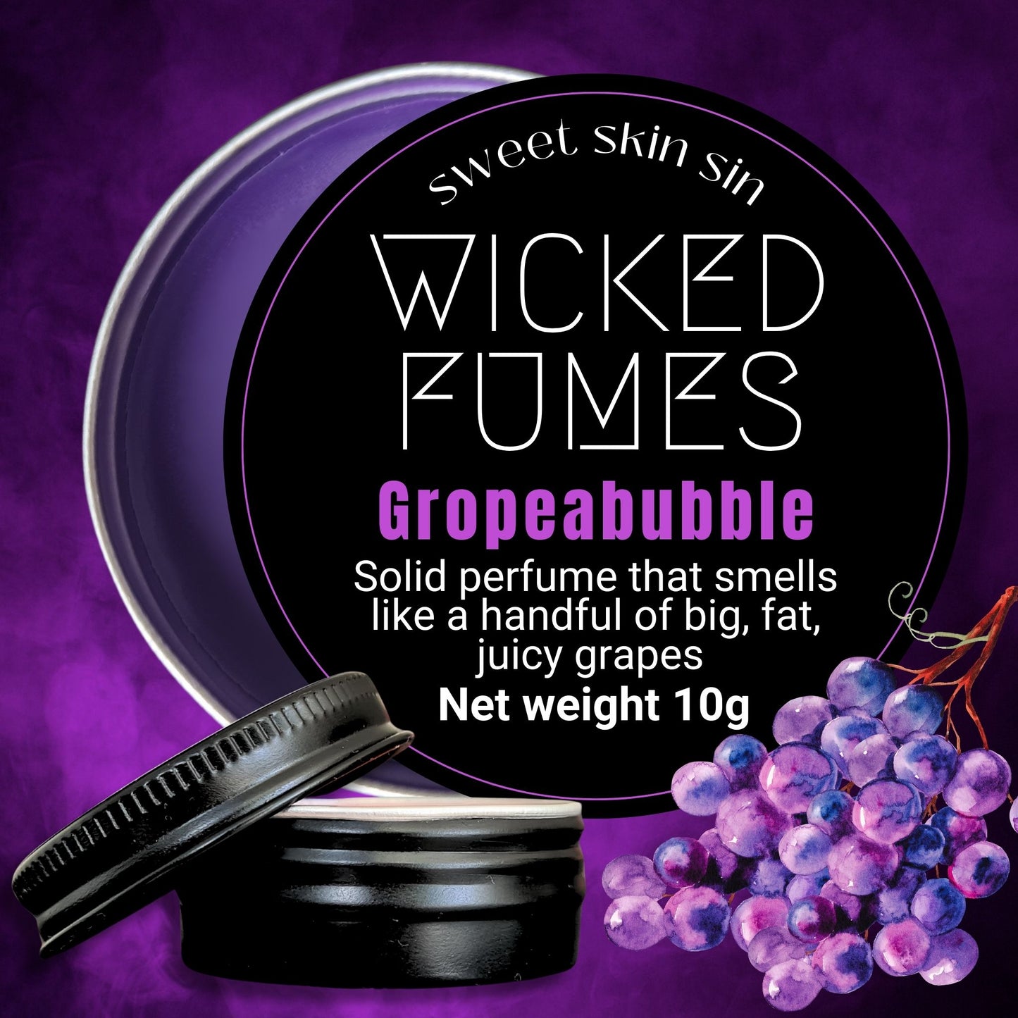 An image of a solid perfume called Gropeabubble from Wicked Fumes in a small black round jar against a purple smoke background with some grapes pictured