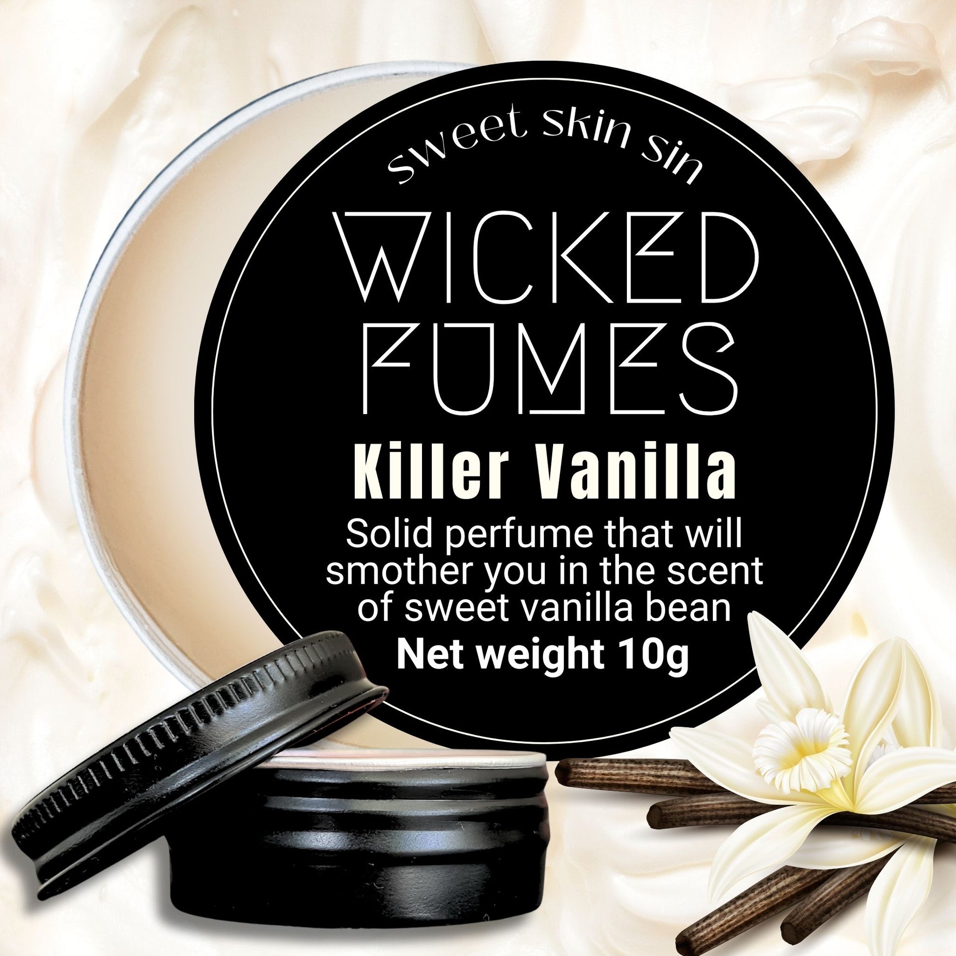 Image of a solid perfume called Killer Vanilla from Wicked Fumes in a small black round jar against an off white background with some vanilla pods and flowers pictured