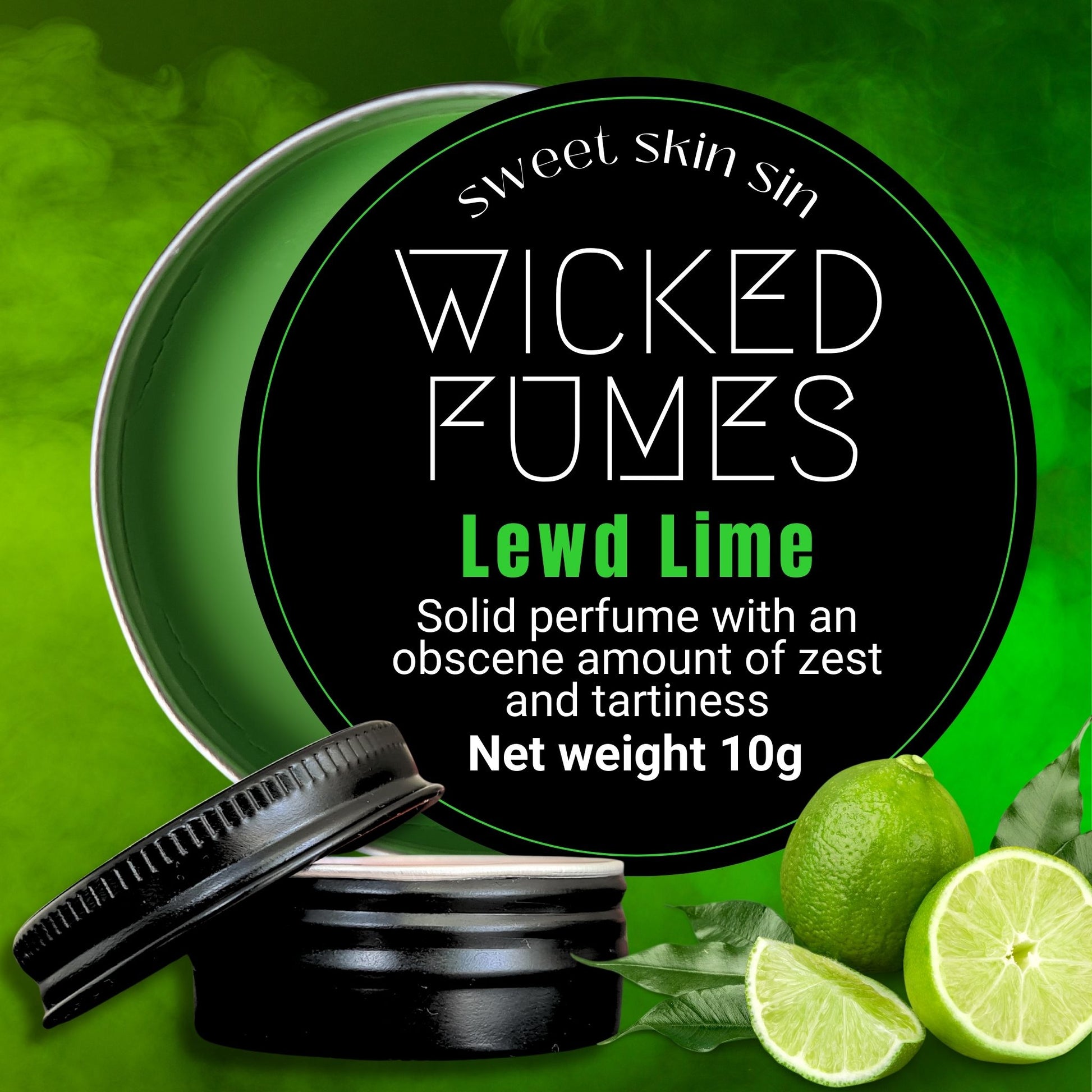 Image of a solid perfume Lewd Lime from Wicked Fumes in a small black round jar against a green smoke background with some limes pictured