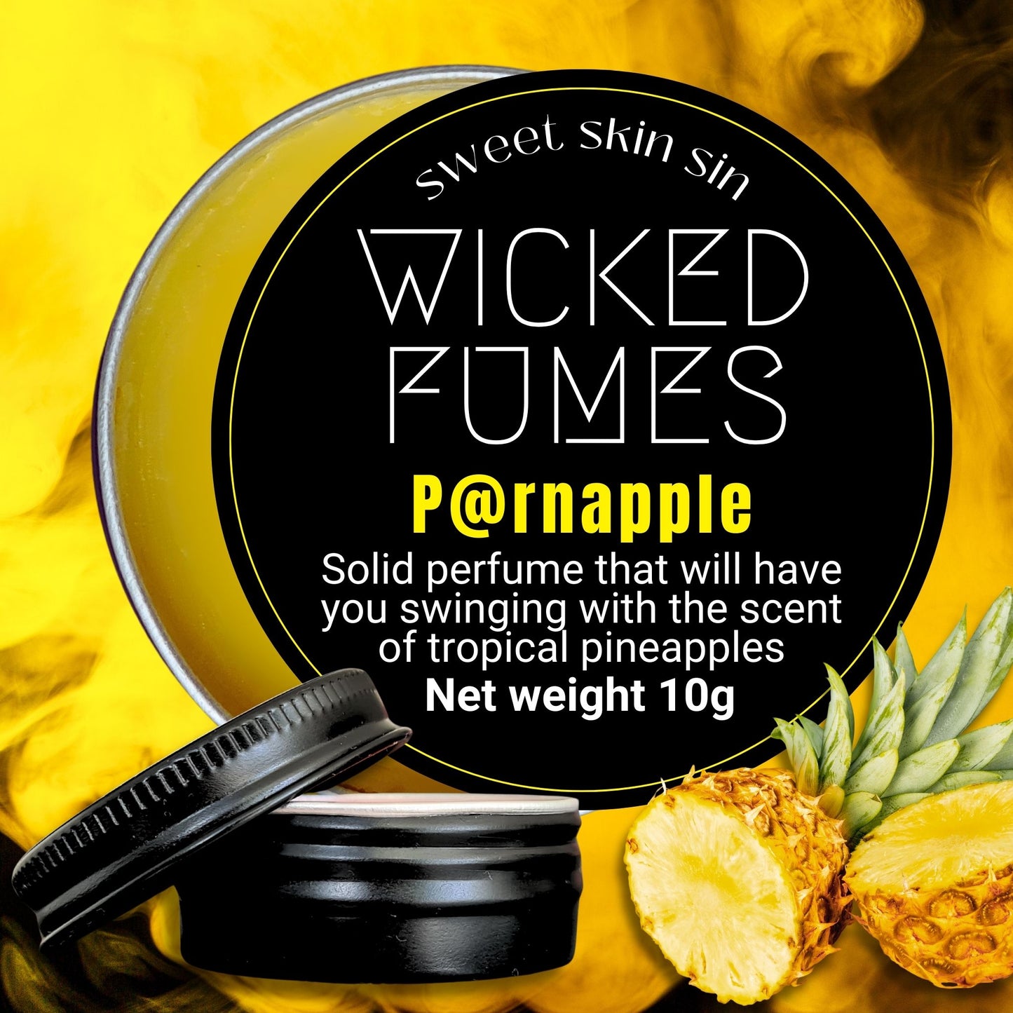 picture of pineapple scented solid perfume by wicked fumes against background of yellow coloured fumes