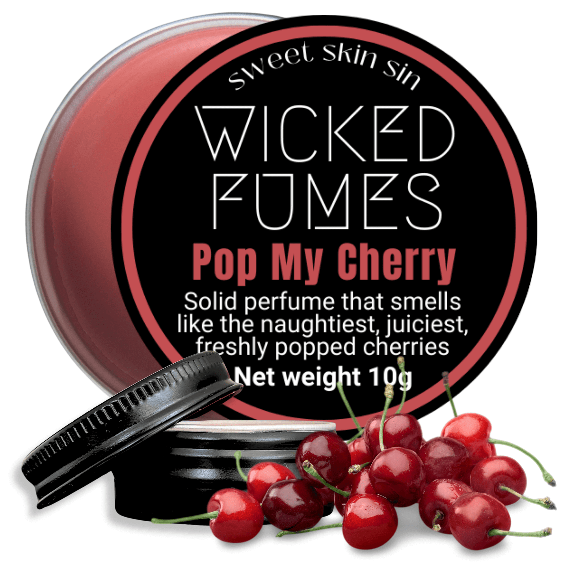 pop my cherry solid perfume aerial shot with tin and cherries