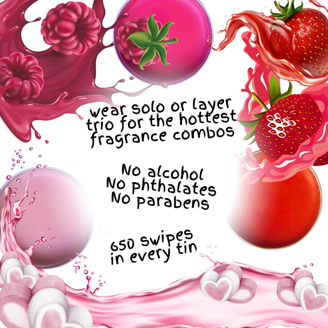 wear solo or layer for the hottest fragrance combos. no alcohol, no phthalates, no parabens, 650 swipes in every tin