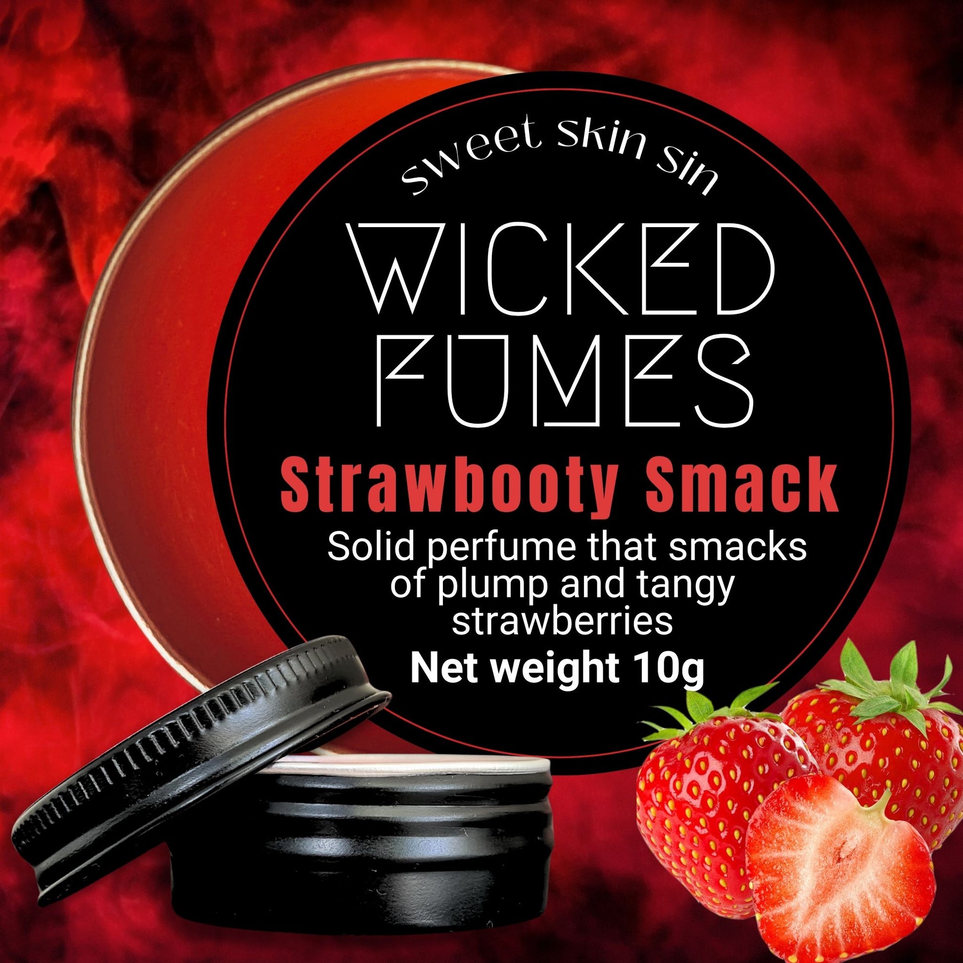 Image of a solid perfume Strawbooty Smack from Wicked Fumes in a small black round jar against a red smoke background with some strawberries pictured