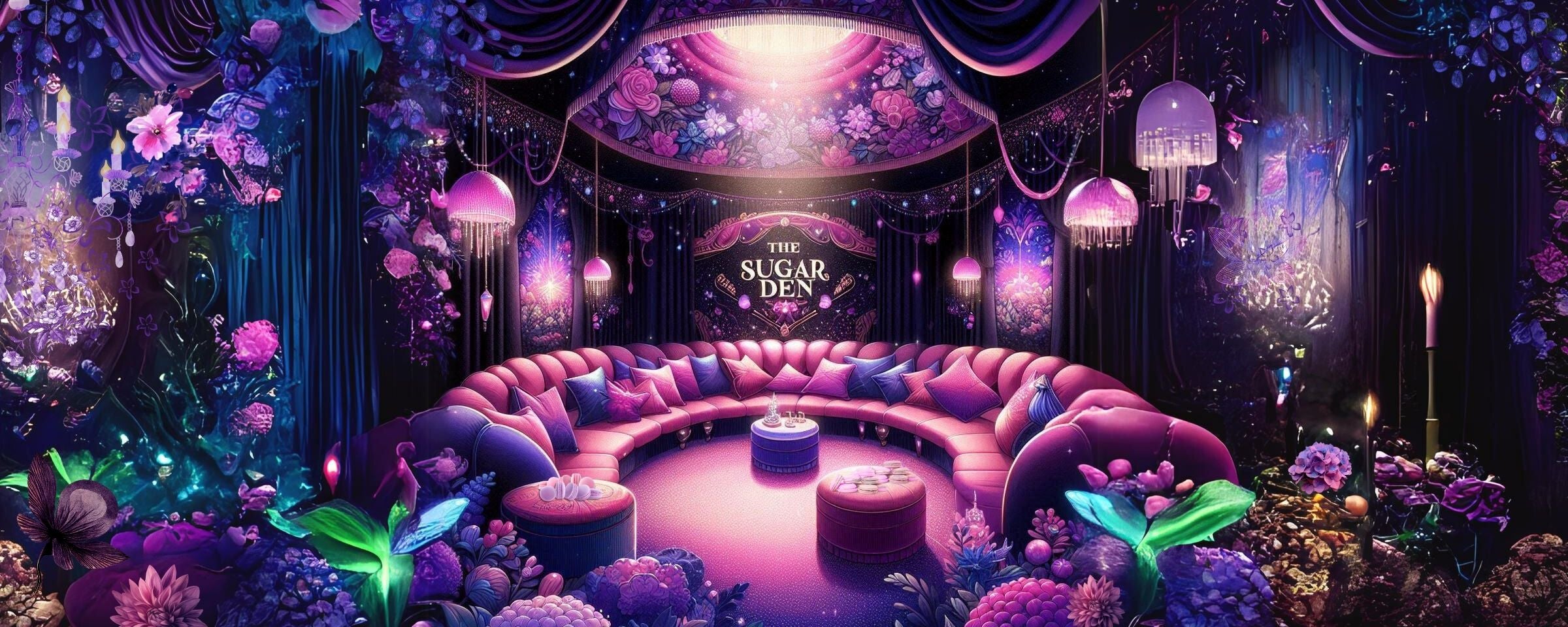 Image of sumptuous and glamorously pink and purple decorated lounge called The Sugar Den