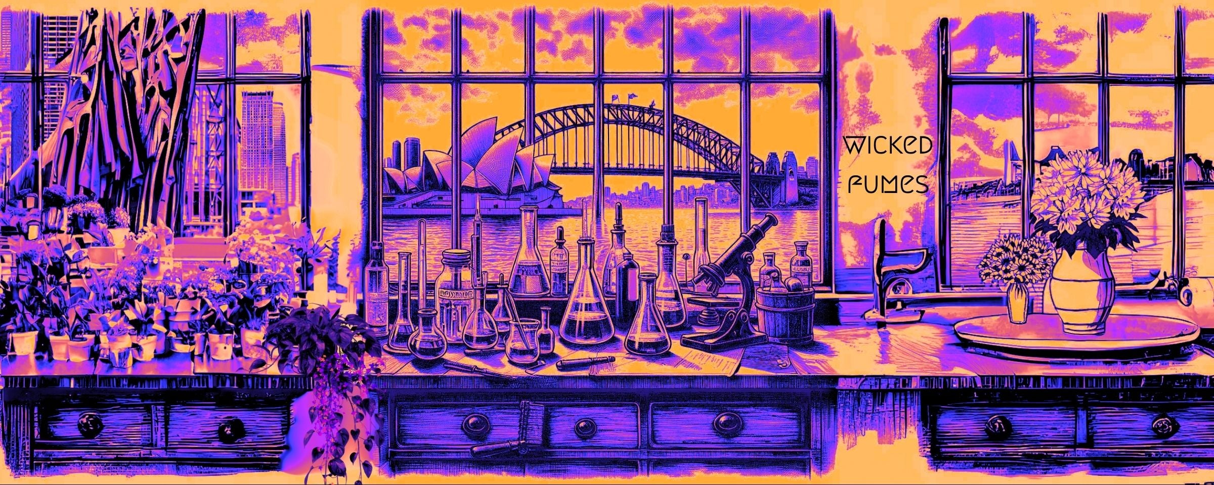 Illustration of an office overlooking sydney harbour with pipettes and beakers on a wooden bench