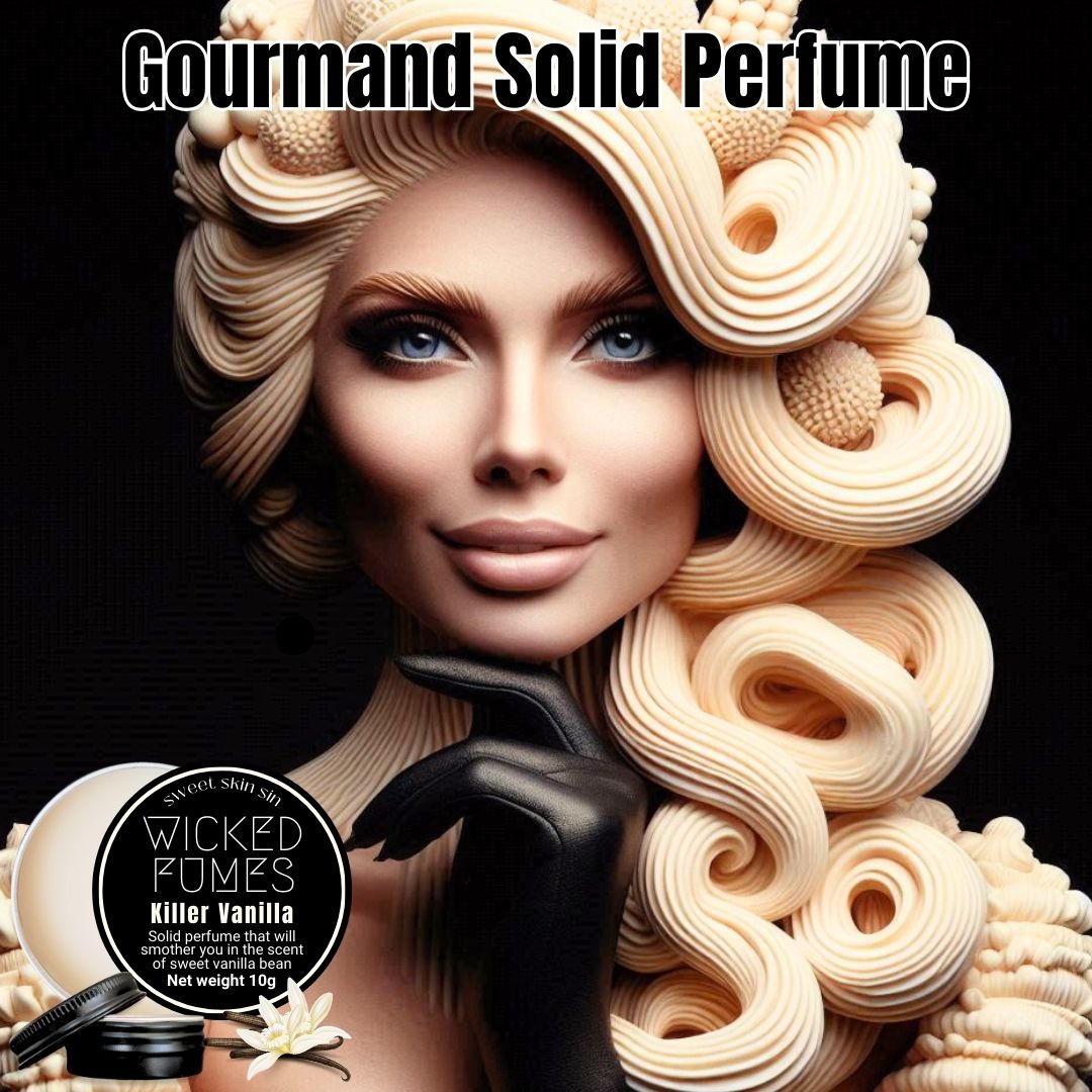 woman with butttercream for hair and clothes wearing black gloves against a black background. the title says gourmand solid perfume and there is a tin of wicked fumes killer vanilla showing