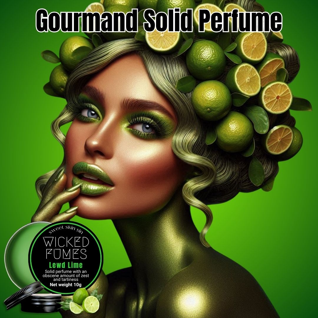 woman with limes in her hair, green body paint and green make up. the title says gourmand solid perfume and there is a tin of lewd lime displayed